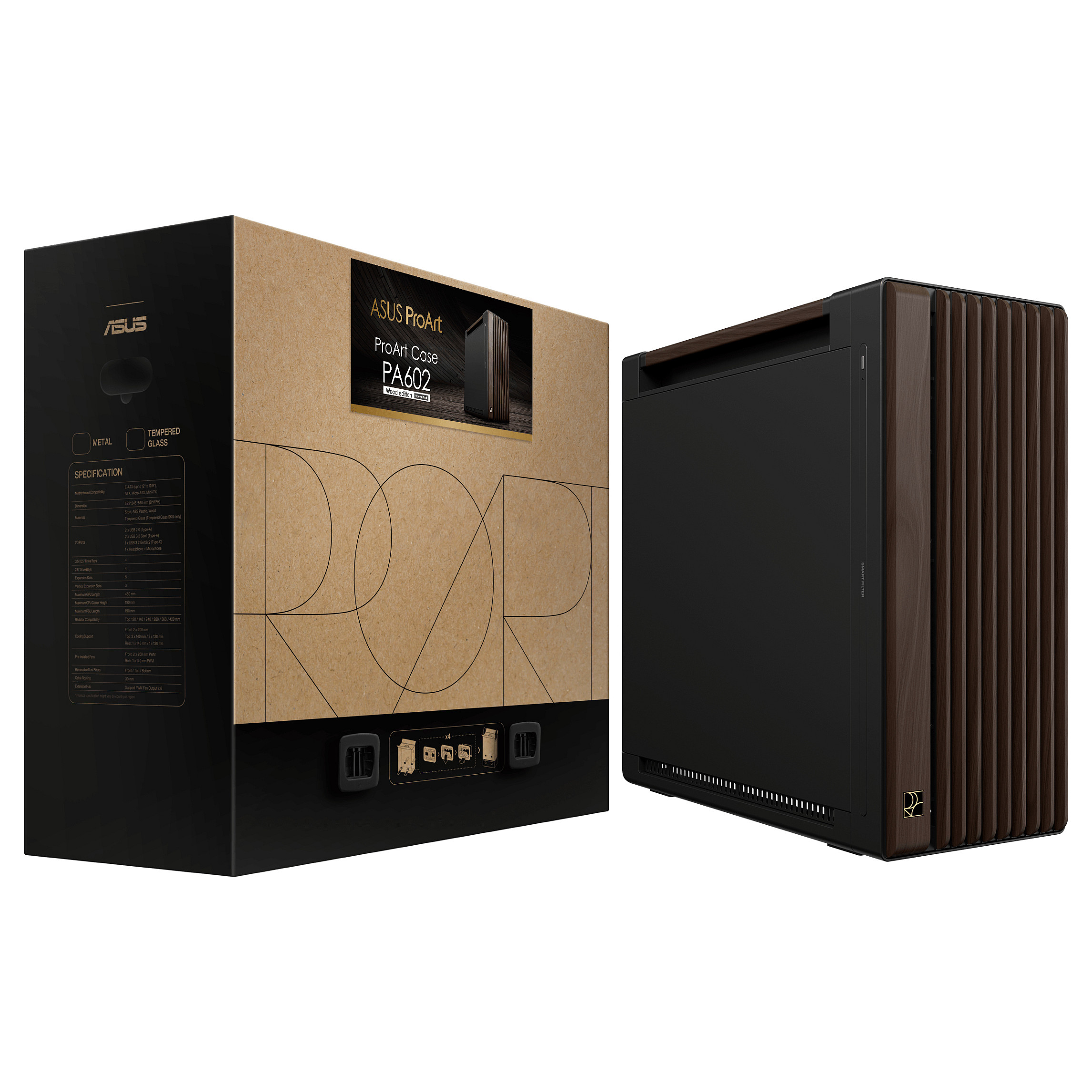 Kasë PC ASUS ProArt PA602 Wood Edition / Mid Tower / ATX / 2x 200mm Front + 1x 140mm Rear Fan / Wood Panel - Zezë - 19