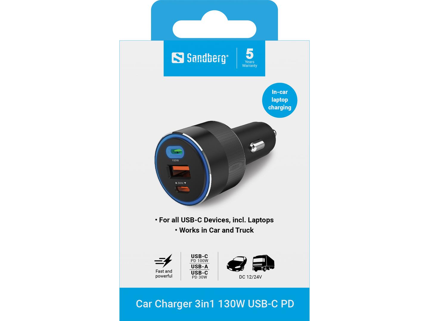 Adapter Telefoni për Veturë Sandberg 441-49 / 130W / 2x USB-C / USB-A / PD - Zezë - 4