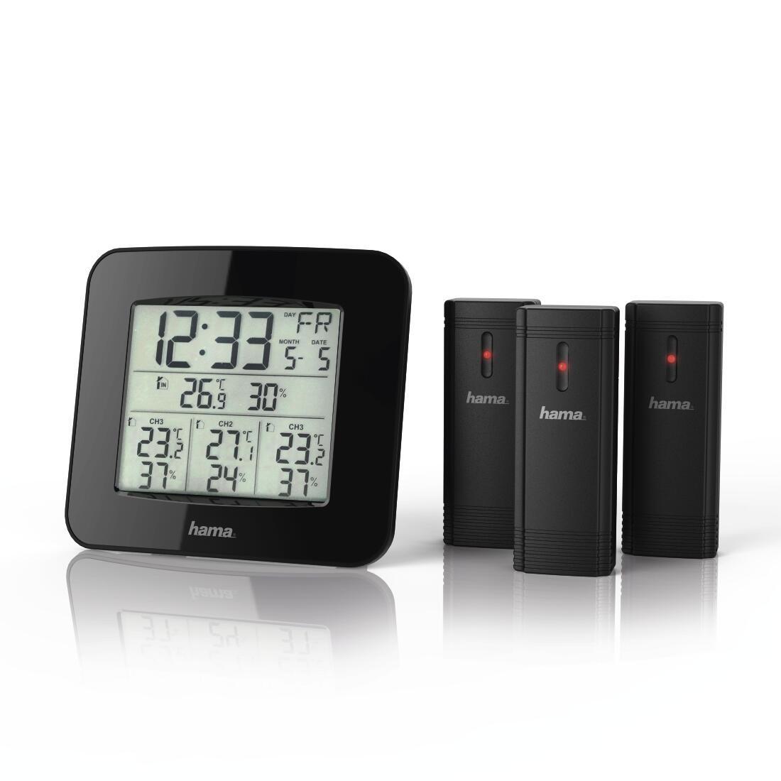 Stacion Moti Hama EWS-Trio 186311 / 3x Sensorë Wireless / DCF / Temperaturë / Lagështirë / Alarm – Zezë