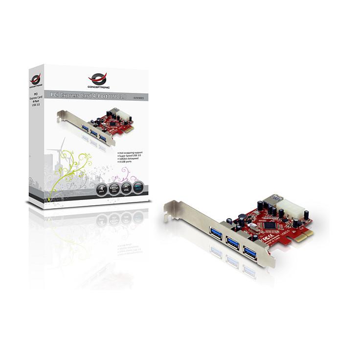Karta e Zgjerimit USB Conceptronic C4USB3EXI, PCI Express x1, 4x USB-A 3.0, 3x të jashtme + 1x të brendshme, 5Gbps, VIA VL800, Low Profile - Kuqe - 5