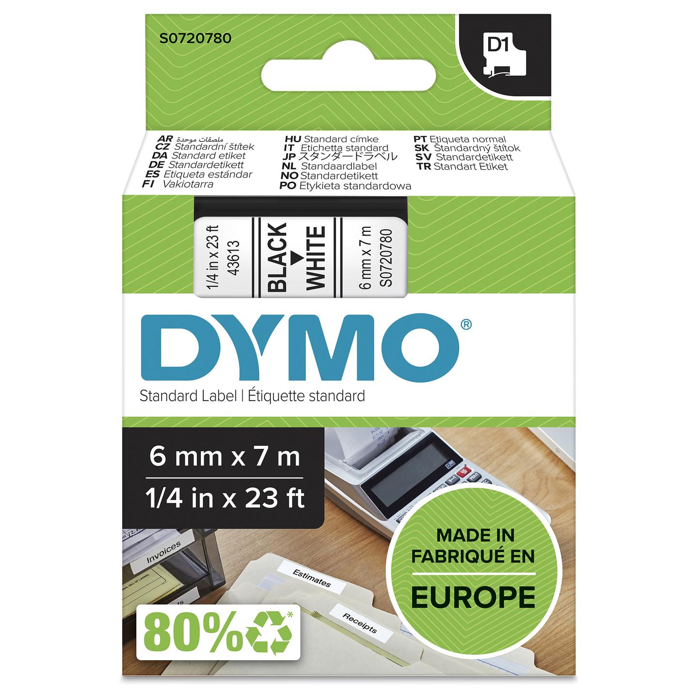 Shirit Etiketimi DYMO D1 Standard S0720780, 6 mm × 7 m, Tekst i Zi në Shirit të Bardhë