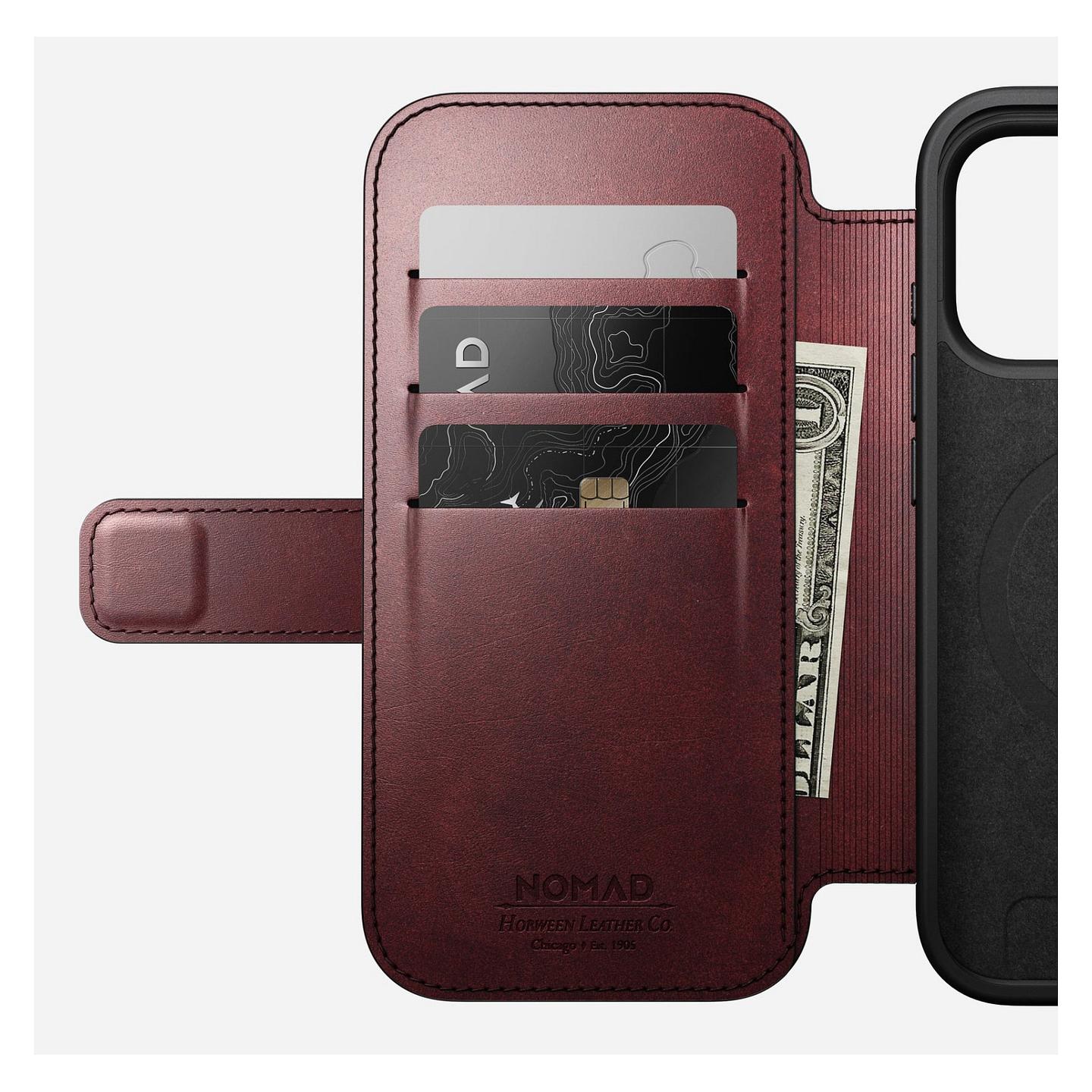 Case për Telefon Nomad Modern Leather Folio, iPhone 17 Pro, Horween Leather, MagSafe, Qi2, 3 Fole për Karta, Mbrojtje deri 2.4m - Bordo - 7