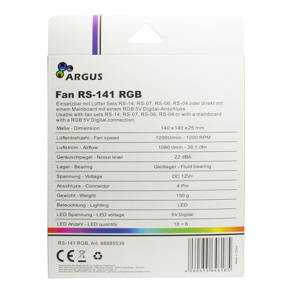 FtohĂ«s pĂ«r KasĂ« Inter-Tech Argus RS-141 RGB / 140mm / 25mm / 1200 RPM / PWM / 64.73 mÂł/h / 26 LED / RGB â ZezĂ« - 4