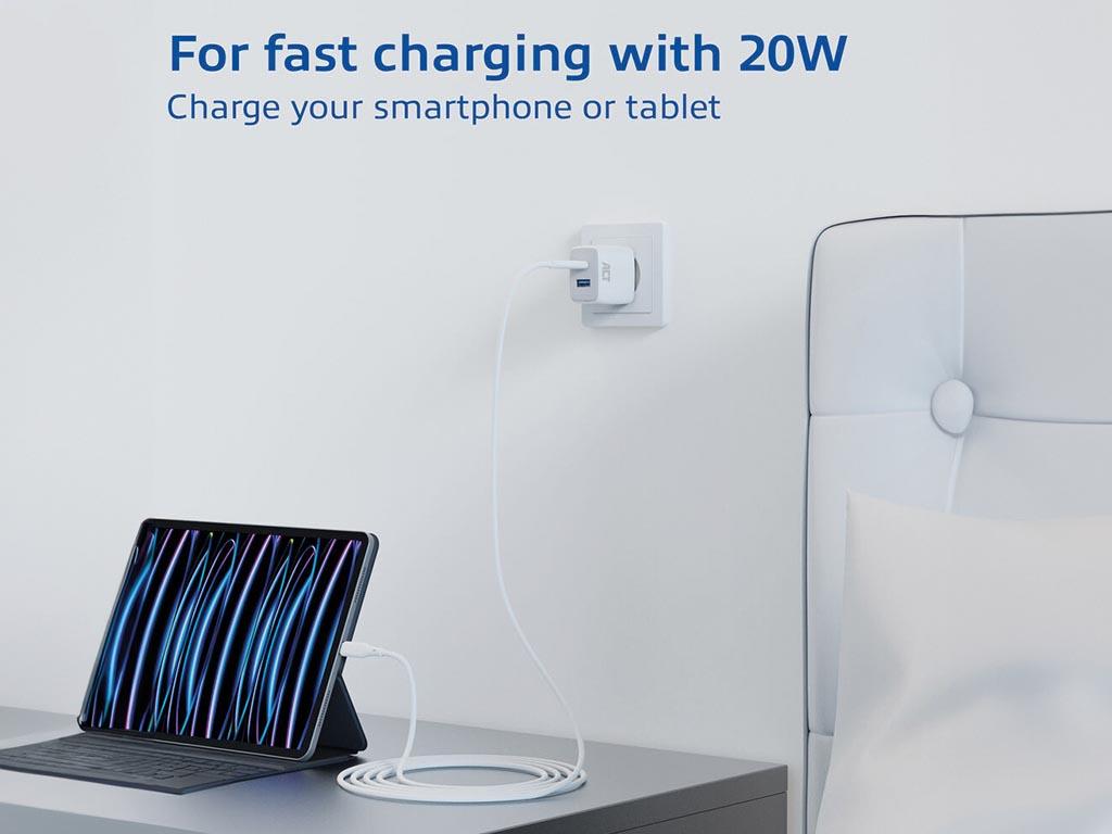 Karikues ACT AC2122, 20W, USB-C + USB-A, Power Delivery PPS, Quick Charge 3.0, GaNFast - Bardhë - 3