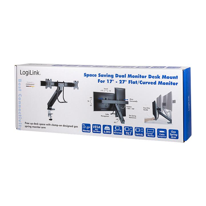Mbajtëse për Monitor LogiLink BP0102 / 2 Monitorë / 17–27" / deri 6,5kg për Monitor / Gas Spring / VESA 75x75 & 100x100 / Rotacion 360° - Zezë - 8