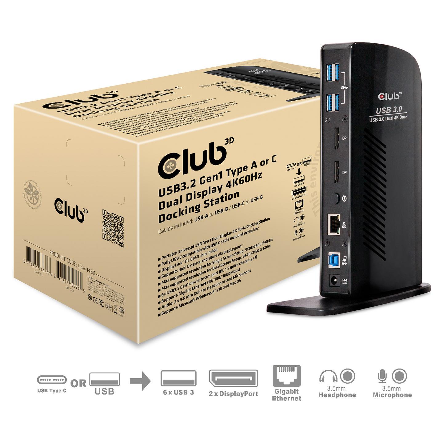 Docking Station Club 3D CSV-1460 / USB 3.2 Gen 1 / 2x DisplayPort / 6x USB-A / Gigabit Ethernet / Audio - Zezë - 9