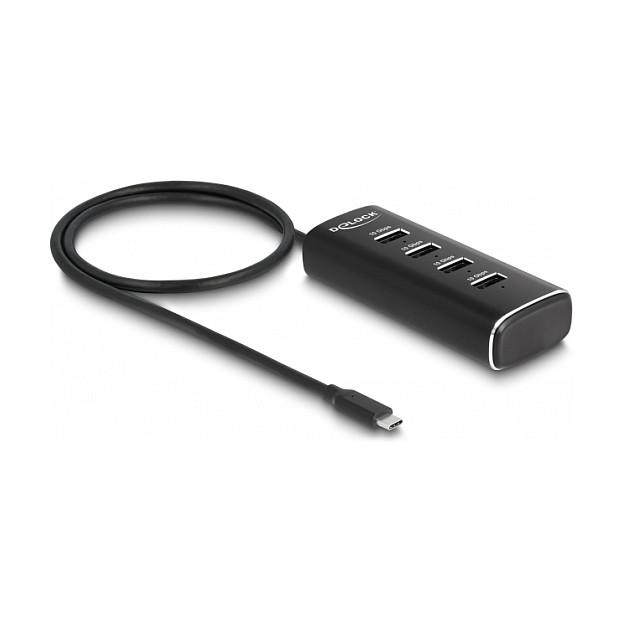 Hub USB DeLOCK 64233 / USB 10 Gbit/s / 4x USB-A / USB-C / 60 cm / Ndërprerës për Porta - Zezë