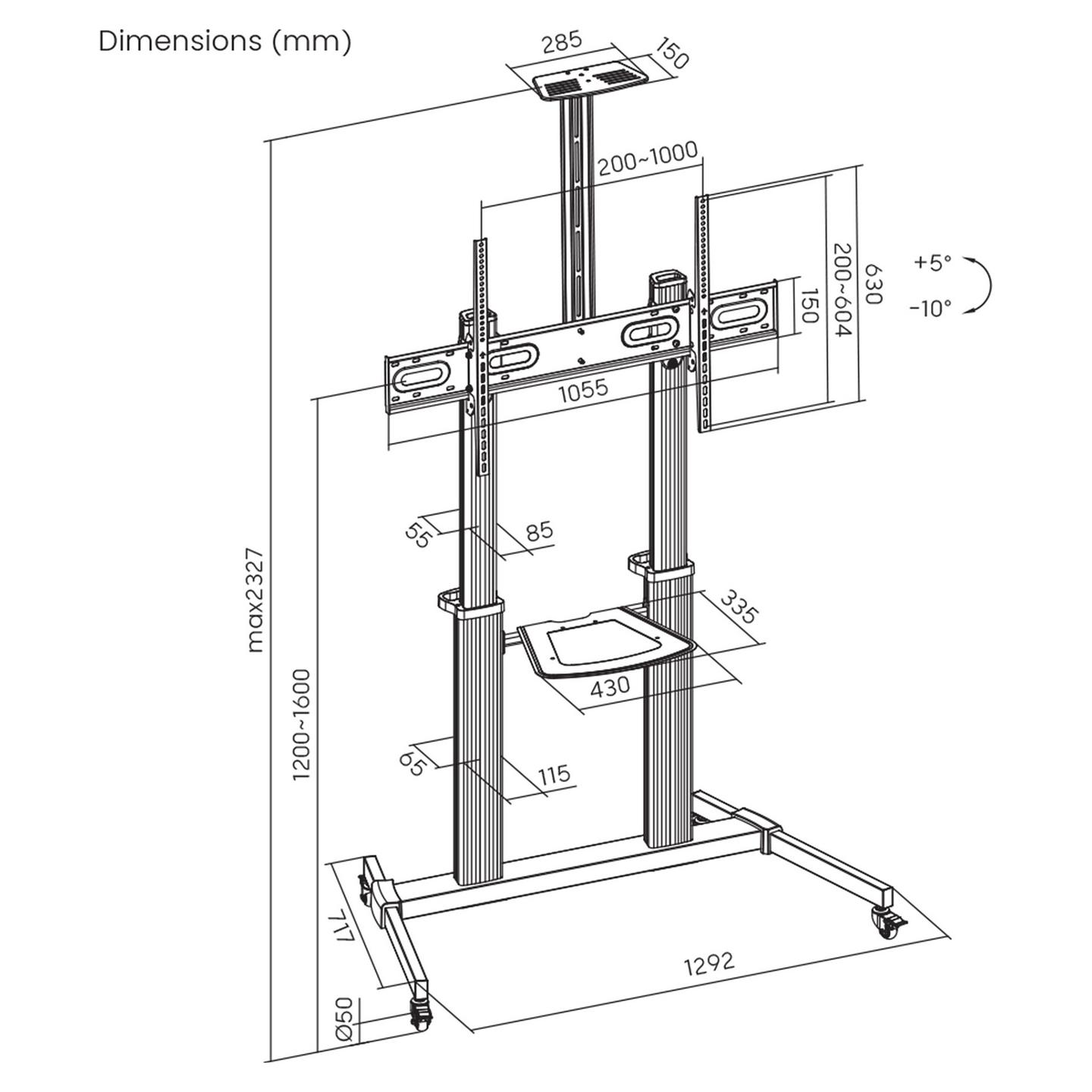 Mbajtëse për TV Manhattan 462563, 60–100", VESA deri në 1000×600mm, 80kg, Lartësi e Rregullueshme, me Rrota - Argjend/Zezë - 9