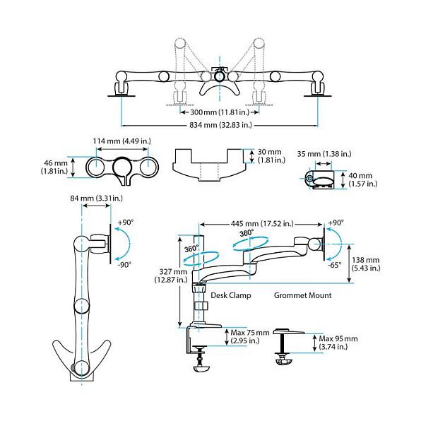 Mbajtëse për Monitor StarTech.com ARMDUAL / 2 Monitorë / 12"-24" / 13.6kg për Monitor / Full Motion / Clamp-Grommet / Tilt ±90° / Swivel ±90° - Zezë - 7