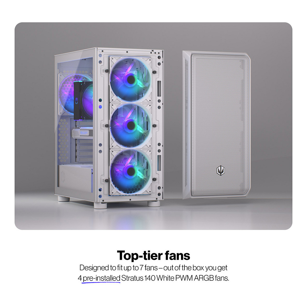 Kasë PC ENDORFY Arx 500 ARGB White / Mid Tower / ATX / 3x 140mm Front + 1x 140mm Rear Fan / ARGB / Mesh - Bardhë - 40