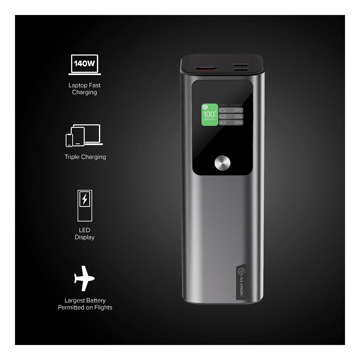 Powerbank ALOGIC Ark / 27.000mAh / 2x USB-C 140W PD 3.1 / USB-A 18W / LED Display – Silver - 7
