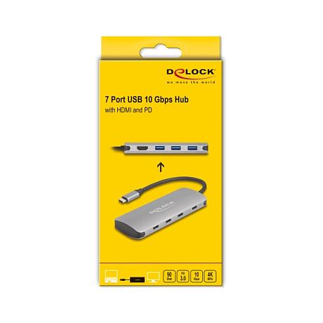 Hub USB DeLOCK 64323 / USB 10 Gbit/s / 3x USB-A + 4x USB-C / HDMI 4K @ 60Hz / Power Delivery 90W / 0.15 m - Gri - 4