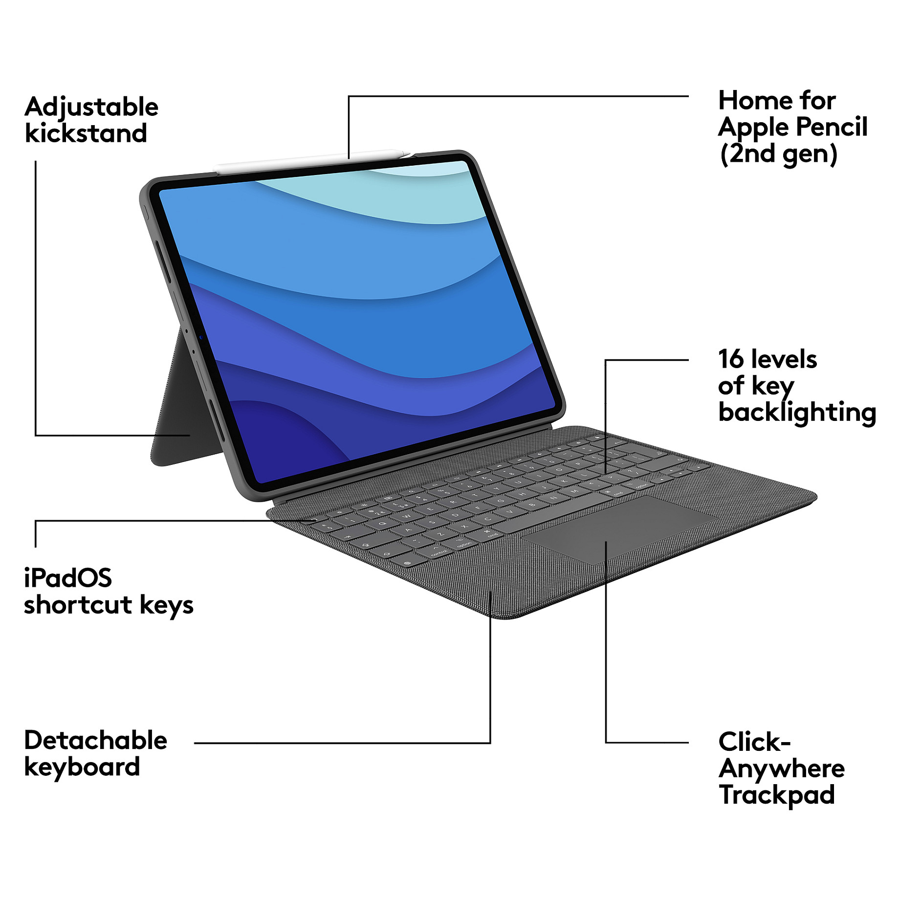 Tastierë për Tablet Logitech Combo Touch / iPad Pro 12.9" 5th & 6th Gen / QWERTY (US) / Trackpad / Smart Connector / 16 Nivele Ndriçimi / Folio – Gri - 9