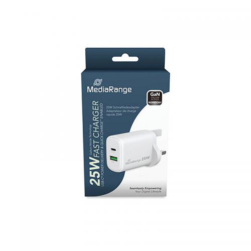 Karikues MediaRange MRMA112-UK / GaN / 25W / USB-C / USB-A / PD 3.0 / QC 3.0 - Bardhë - 3