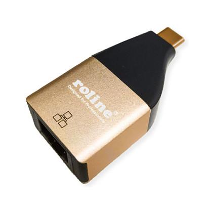 Adapter ROLINE 12.02.1111, USB 3.2 Gen 2, USB-C Mashkull në RJ-45 Femër, Gigabit Ethernet, 10/100/1000Mbps - Zezë/Ari