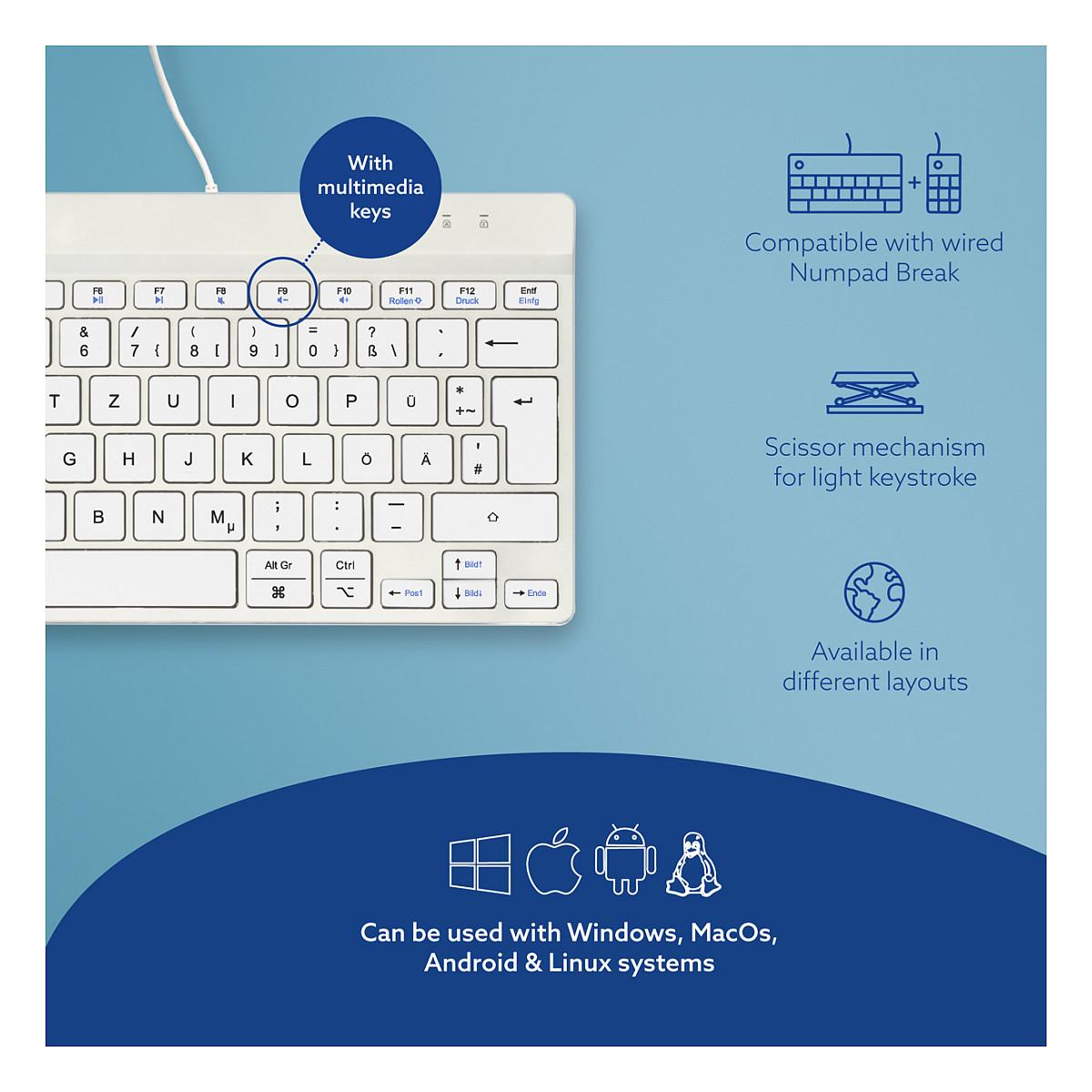 Tastierë me kabllo R-Go Tools R-Go Compact Break / QWERTZ / Scissor / USB / Mini - Bardhë - 11