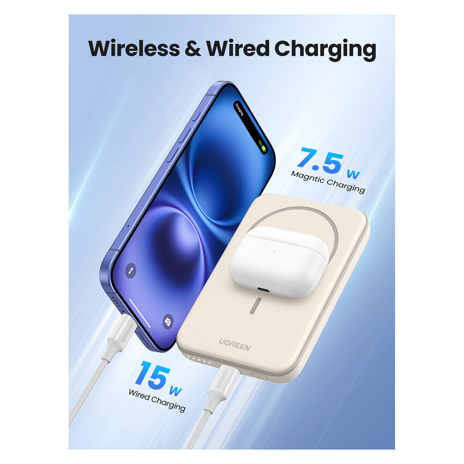 Powerbank UGREEN 25207 / 5.000mAh / USB-C 15W / Wireless 7.5W / Magnetic - 5