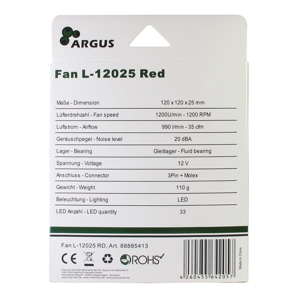 Ftohës për Kasë Inter-Tech Argus L-12025 RD / 120mm / 25mm / 1200 RPM / 59.46 m³/h / 20 dBA / 3-Pin / Molex 4-Pin – Kuqe - 5
