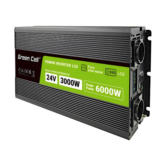 Inverter Green Cell PowerInverter LCD, 24 V, 3000 W, Sinus i pastër, me ekran LCD - Zezë