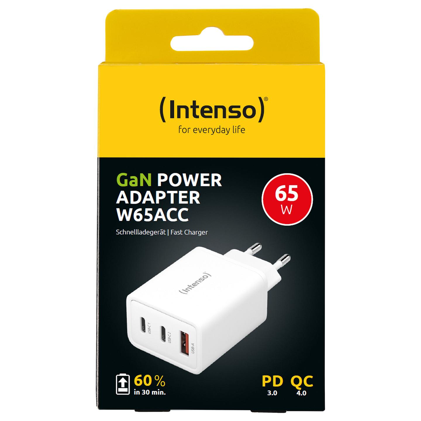 Adapter Intenso W65ACC / GaN / 65W / 2x USB-C / USB-A / PD 3.0 / PPS / Quick Charge 4.0 - Bardhë - 2