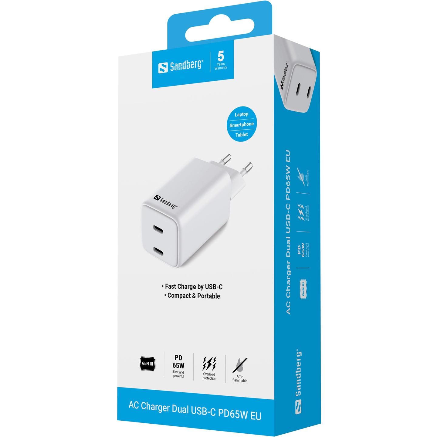 Adapter Telefoni Sandberg 441-56 / GaN III / 65W / 2x USB-C / PD + PPS - Bardhë - 5
