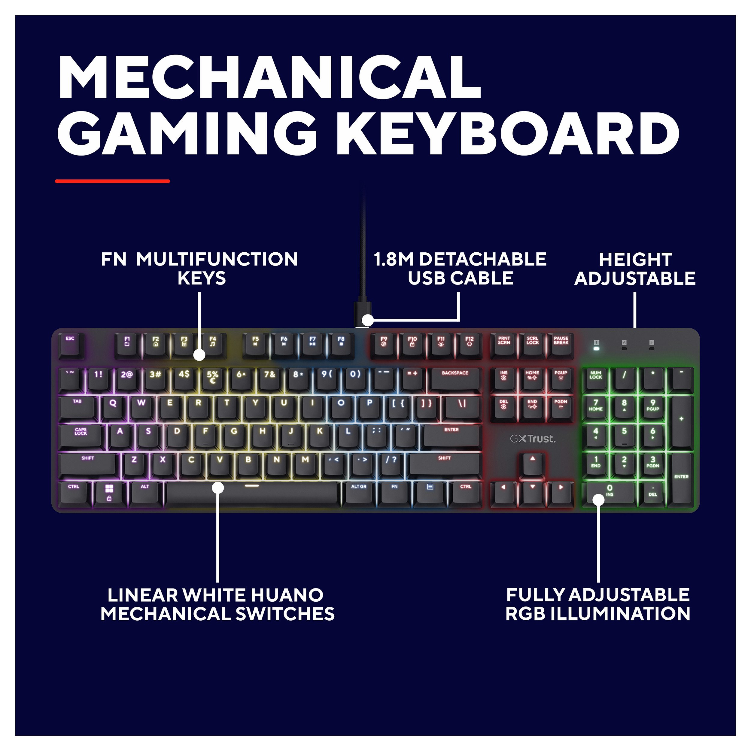 Tastierë Gaming Trust GXT 871 Zora / Full-Size / Mekanike / Huano Linear / N-Key Rollover / Anti-Ghosting / RGB / QWERTZ Gjerman / USB-C - Zezë - 6