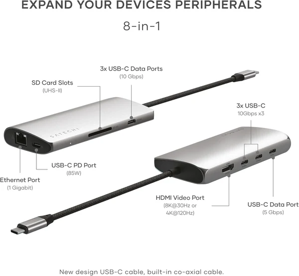 Hub Satechi ST-P8KEM / 4x USB-C / 1x HDMI 8K / Ethernet / SD / 1x USB-C 85W – Hiri - 4