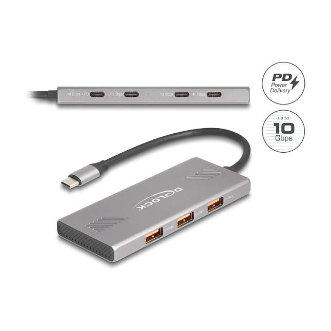 Hub USB DeLOCK 64313 / USB 10 Gbit/s / 4x USB-C + 3x USB-A / Power Delivery 80W / 0.18 m - Gri - 2