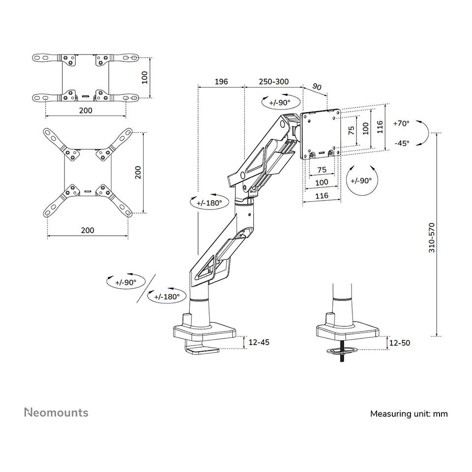 Mbajtëse për Monitor Gaming Neomounts DS70-256BL1 / 1 Monitor / 24"-57" / 30kg / Gas Spring / Full Motion / Topfix - Zezë - 19