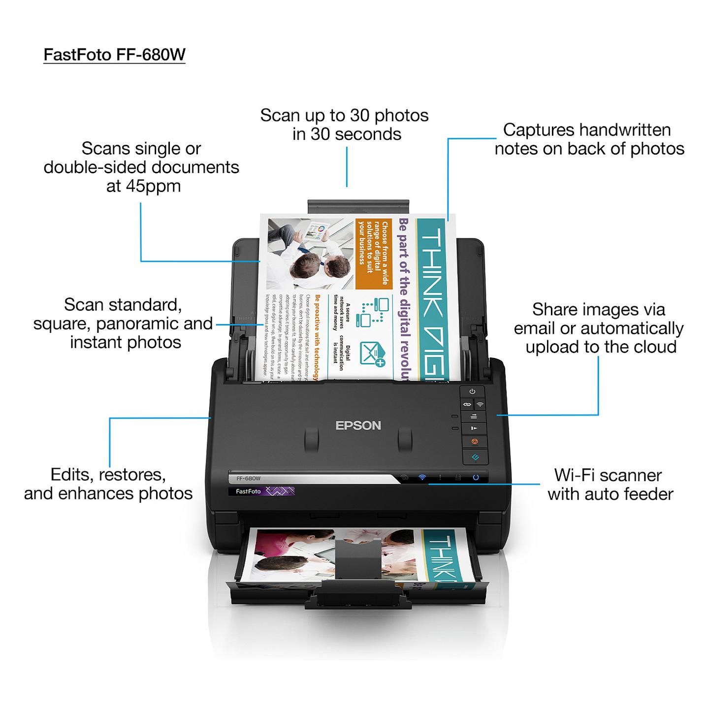 Skaner Epson FastFoto FF-680W / A4 / CIS / 600 × 600 DPI / Duplex / 45 ppm / ADF / Wi-Fi / USB 3.2 - Zezë - 4
