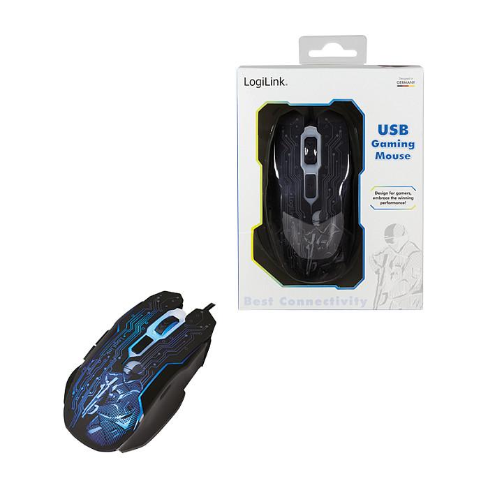 Maus Gaming LogiLink ID0137 / USB / Optik / 2400 DPI / 6 Butona / LED - Zezë/Blu - 16