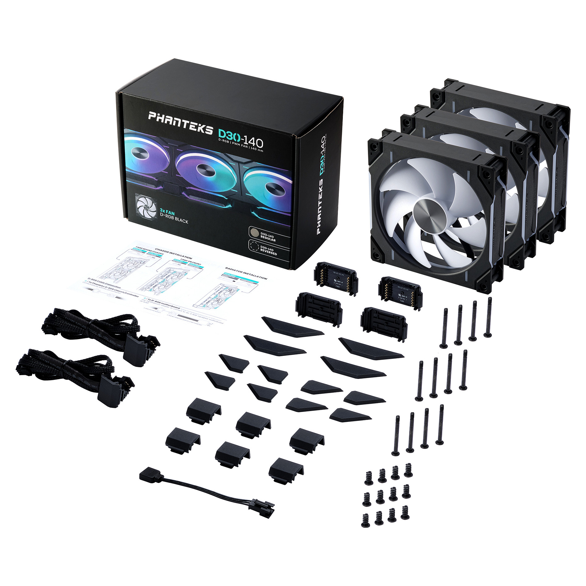 Ftohës për Kasë Phanteks D30-140 PWM Regular D-RGB / 140mm / 30mm / 250-1800 RPM / PWM / 71.93 CFM / 3.32 mmH₂O / 3-Pack – Zezë - 8