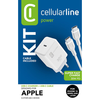 Adapter Cellularline / USB-C / 30W / Power Delivery / Kabllo 1m - Bardhë