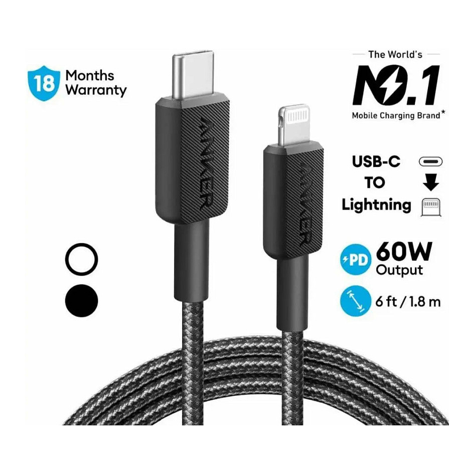 Kabllo USB Anker 322 / USB-C në Lightning / 0.9m / 30W / Nylon - Zezë - 2