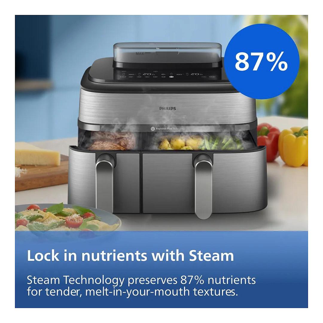 Fryer Philips 5000 Series Dual Basket / NA555/00 / 9L / 2750W / 2 Sirtarë / 12 Programe / 40–200°C / RapidAir Plus / Air Steam / Sync – Argjend/Zezë - 12