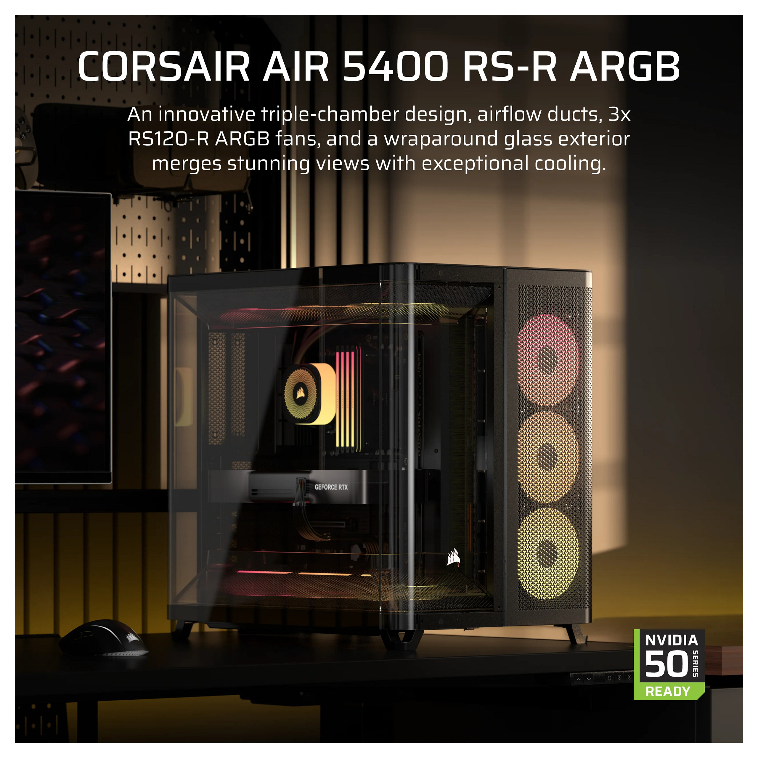 Kasë PC Corsair AIR 5400 RS-R ARGB / Midi Tower / E-ATX + ATX / 3x 120mm RS-R ARGB Fan / Tempered Glass - Zezë - 2