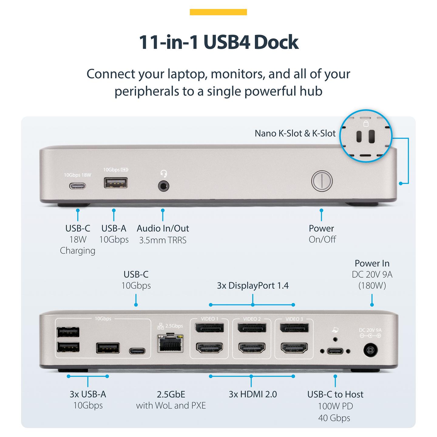 Docking Station StarTech.com 150UE-USB4DOCKTRIPLE, USB4 40Gbps, 3× HDMI/DisplayPort, 4× USB-A, 2× USB-C, 2.5GbE, PD 100W - Hiri - 11