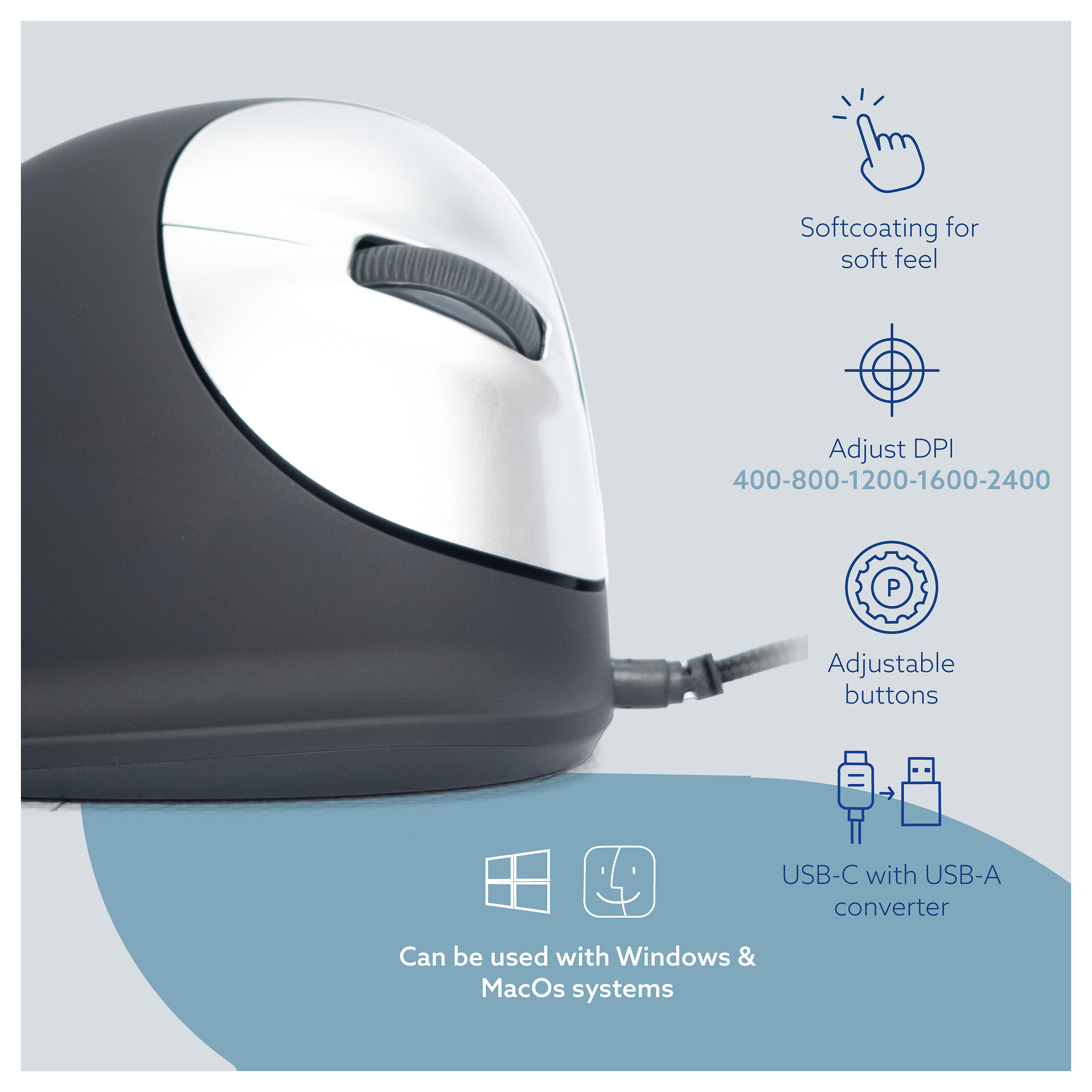 Maus me kabllo R-Go Tools HE Break / 2400 DPI / USB-A / 5 Butona - Zezë - 11