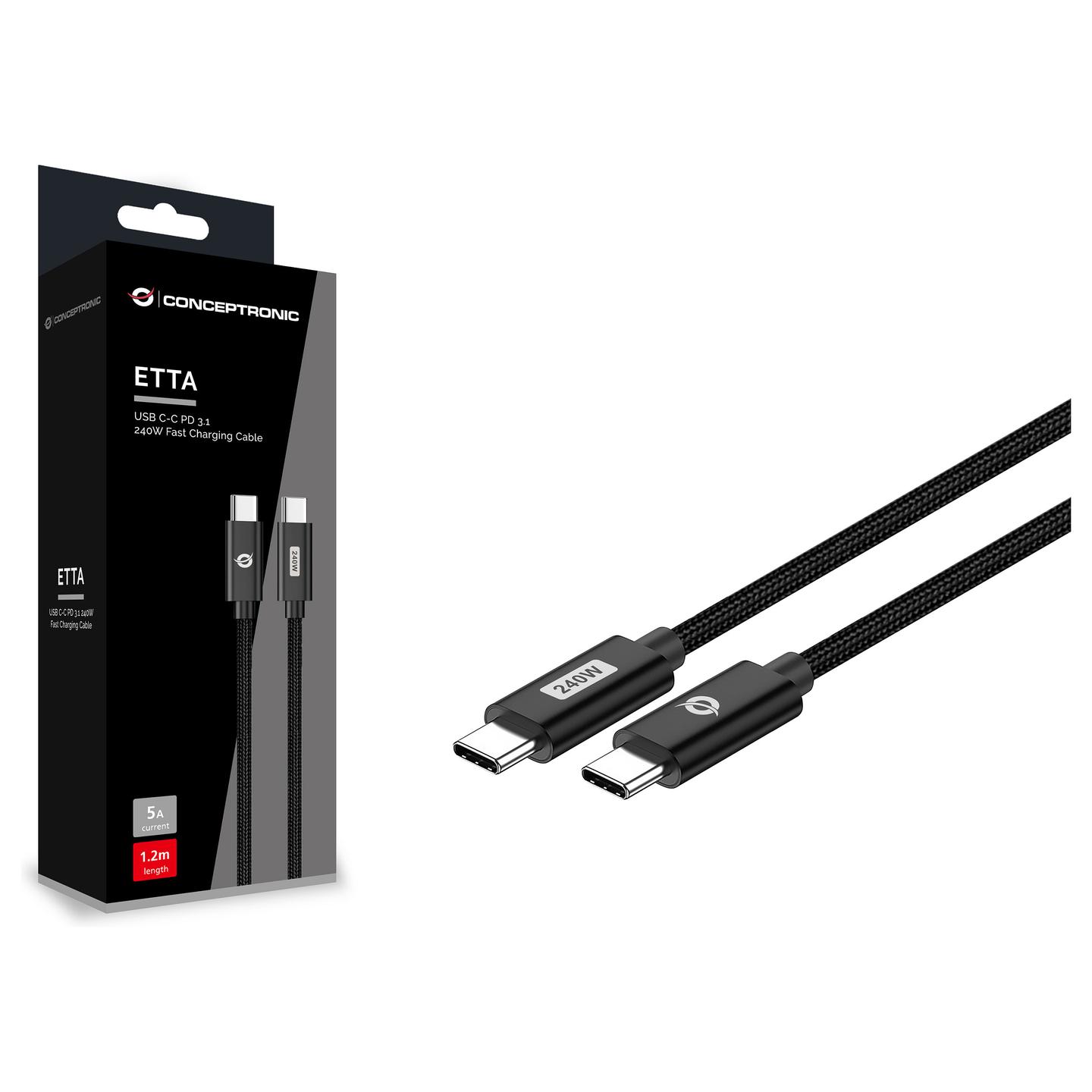Kabllo USB Conceptronic ETTA04B20 / USB-C në USB-C / USB4 Gen 3x2 / 40 Gbit/s / PD 3.1 240W / E-Mark / 2m - Zezë - 3