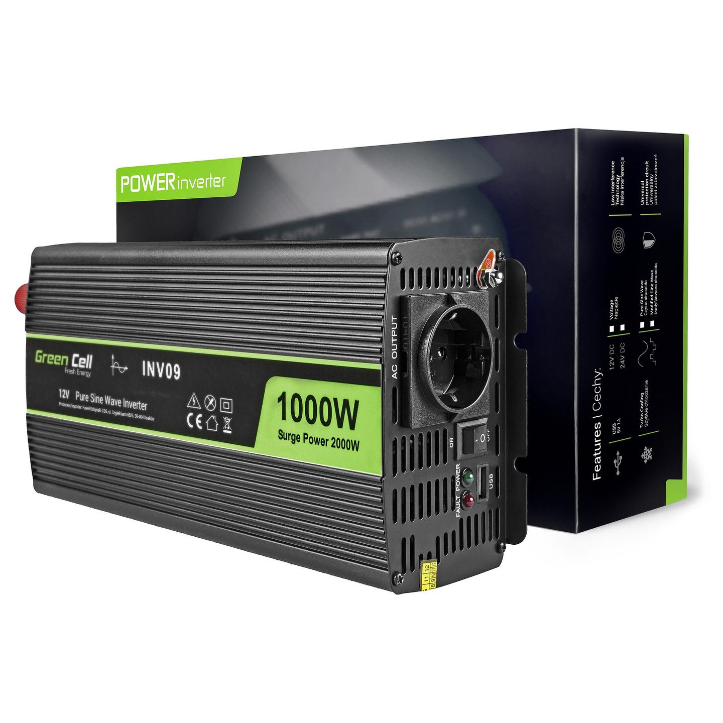 Inverter Green Cell INV09, 12 V, për automjet - Zezë