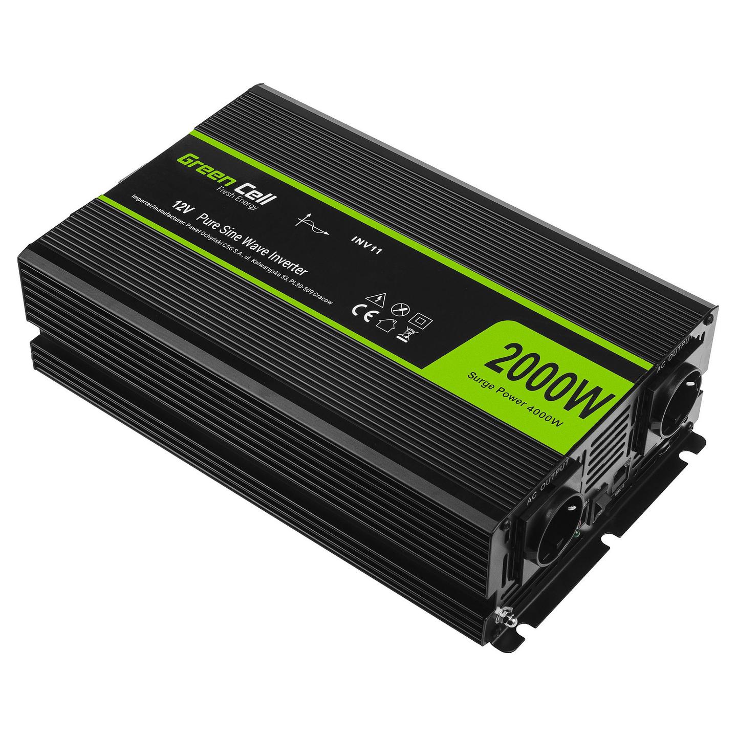 Inverter Green Cell INV11, 2000 W, 12 V DC në 230 V AC, valë sinusoidale të pastër – Zezë - 2