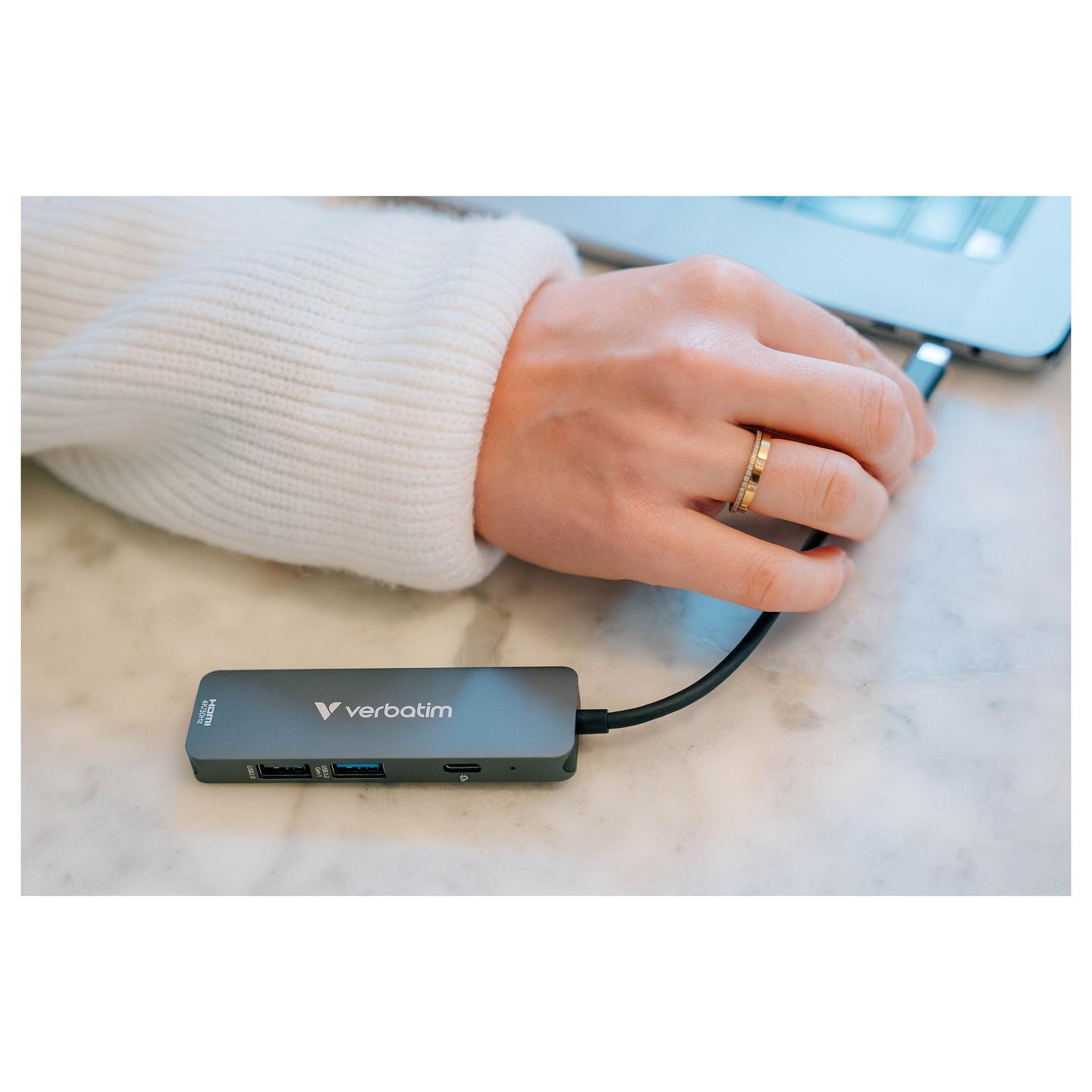 Hub USB-C Verbatim 32155, HDMI 4K@30Hz, USB-A 3.2 Gen 1 5 Gbps, USB-A 2.0, USB-C PD 100W, 18 cm – Gri - 5