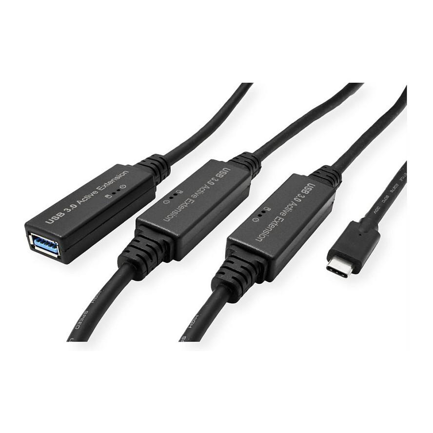 Kabllo USB ROLINE 12.04.1068 , USB-C Mashkull në USB-A Femër , USB 3.2 Gen 1 , 5Gbps , 20m , Zgjatuese Aktive - Zezë - 2