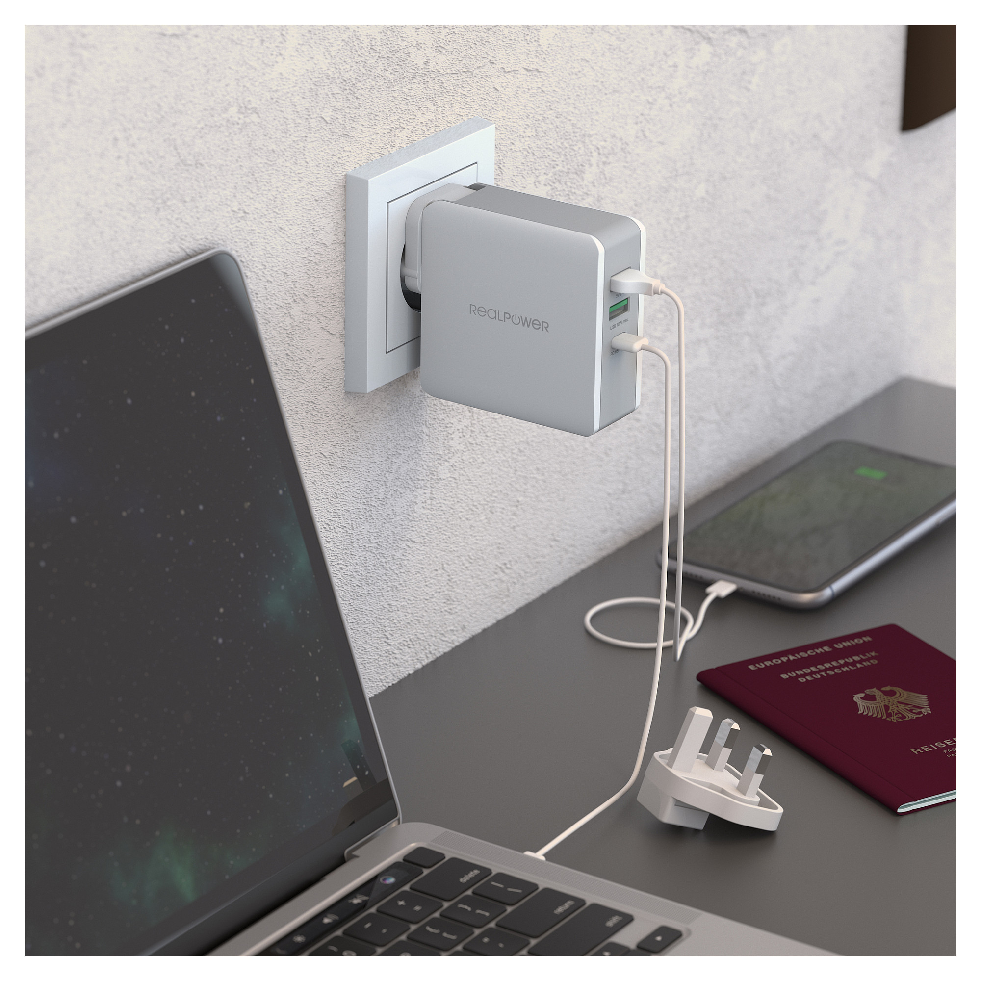 Adapter RealPower DeskCharge-65 Travel / USB-C PD 65W / 2x USB-C + 1x USB-A / GaN - Hiri - 5