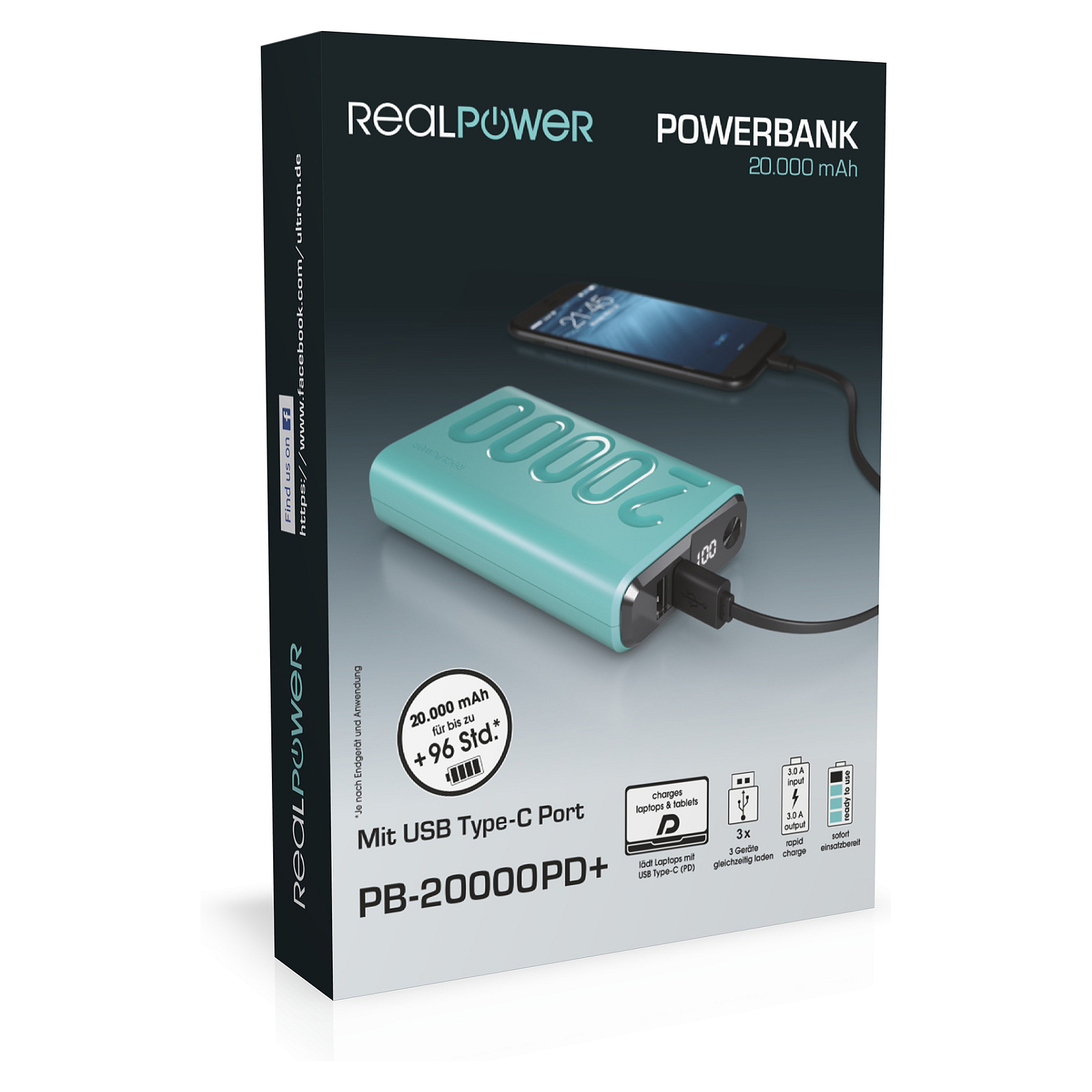 Powerbank RealPower PB-20000PD+ Nutopia / 20000mAh / USB-C + 2x USB-A / 22.5W / Power Delivery - Gjelbër - 5