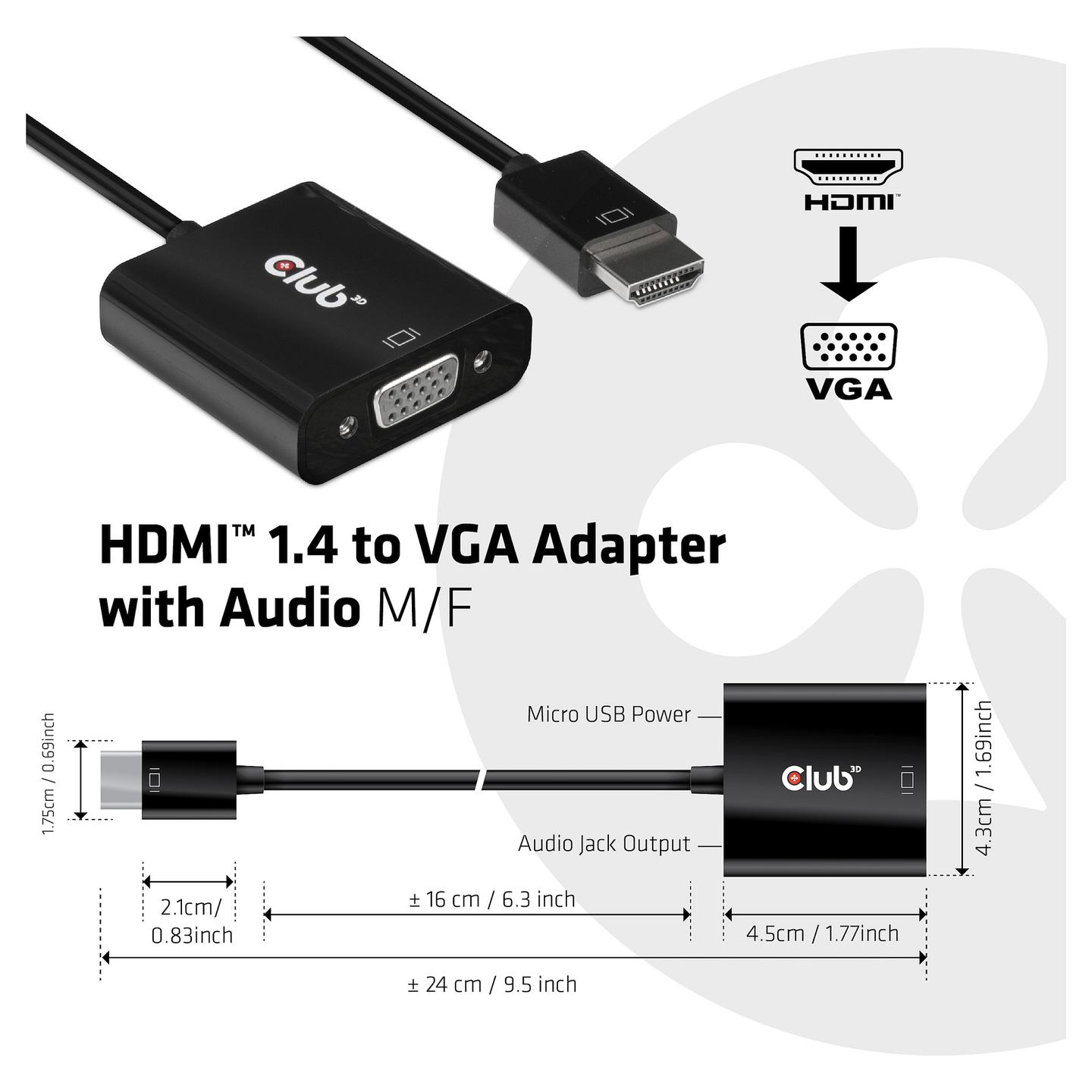 Kabllo HDMI Club 3D CAC-1302 / HDMI 1.4 në VGA / 0.5m / Full HD 60Hz / Audio - Zezë - 3