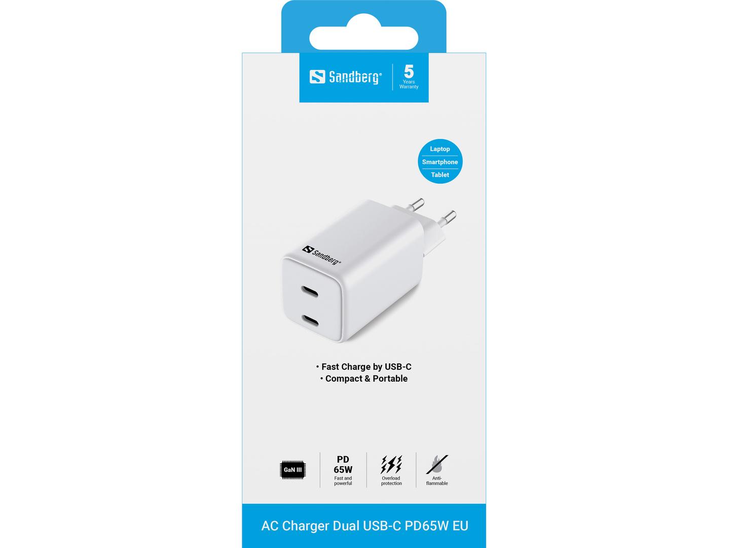 Adapter Telefoni Sandberg 441-56 / GaN III / 65W / 2x USB-C / PD + PPS - Bardhë - 4