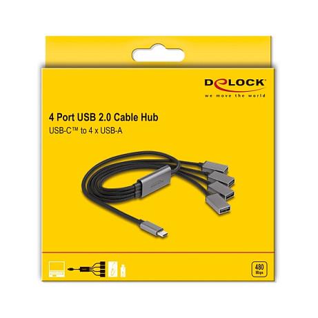 Hub USB DeLOCK 64210, USB 2.0 Type-C mashkull në 4 × USB Type-A femër, 480 Mb/s, 60 cm - Zezë/Hiri - 3