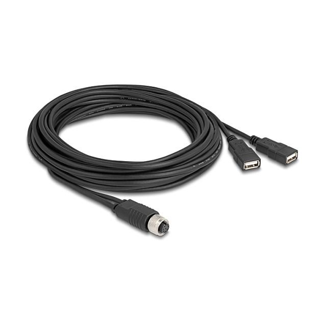 Kabllo M12 DeLOCK 60652, M12 A-coded 8-pin në 2 × USB 2.0 Type-A, IP67, 5 m - Zezë