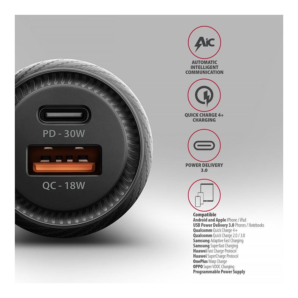 Adapter Telefoni për Veturë AXAGON PWC-PQ48 / 48W / USB-C 30W + USB-A 18W / Power Delivery 3.0 + Quick Charge 3.0 - Zezë - 4